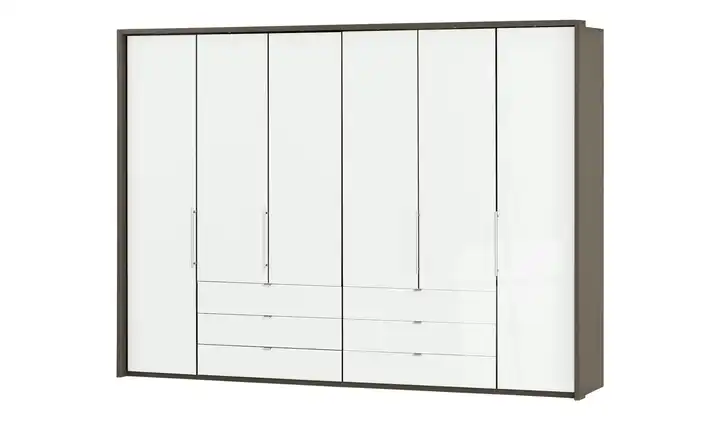 Falttüren-Panoramaschrank, 6-türig Beda mit Passepartoutrahmen und LED-Beleuchtung Taupe Weiß