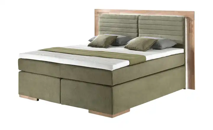 Primo Massivholz-Boxspringbett mit LED-Beleuchtung Marlow Olivgrün 160 cm H2 & H3 Komfortschaumkern