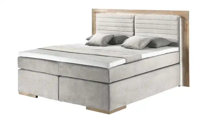 Primo Massivholz-Boxspringbett mit LED-Beleuchtung Marlow Beige 160 cm H2 & H3 Komfortschaumkern