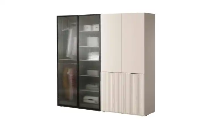 Drehtürenschrank 4 türig mit Beleuchtung Beige, satiniert