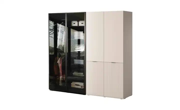 Drehtürenschrank 4 türig mit Beleuchtung Beige, transparent