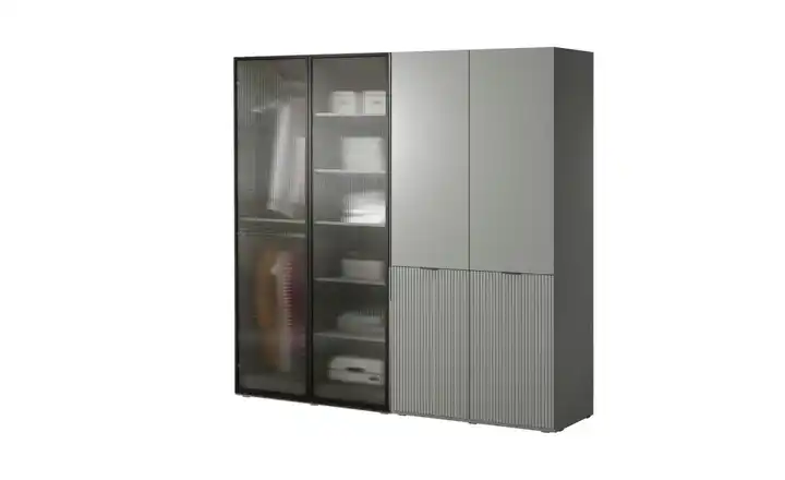 Drehtürenschrank 4 türig mit Beleuchtung Grau, satiniert