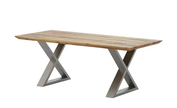 Woodford Massivholztisch Pantheon Wildeiche Kufen (X-förmig) edelstahlfarben Schweizer Tischkante 190 cm