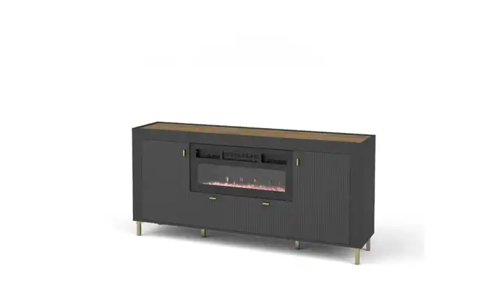 Sideboard mit Kamin Schwarz, Eiche, Goldfarben