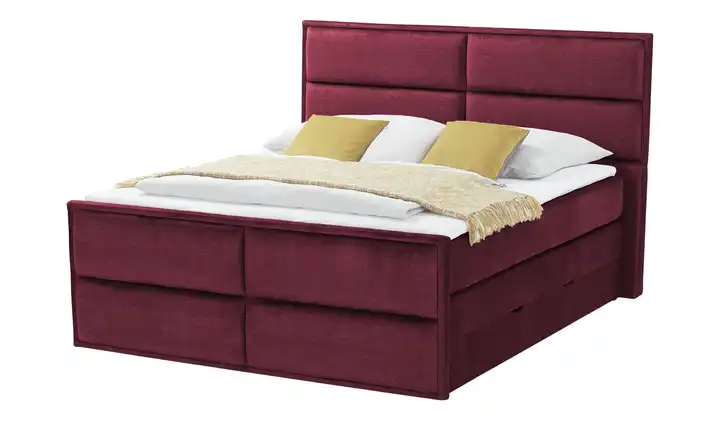 Primo Boxspringbett mit Bettkasten Bordeauxrot 160 cm H1 & H4 Kaltschaumkern