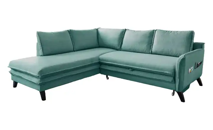 Miuform Ecksofa mit Schlaffunktion Pastellblau links