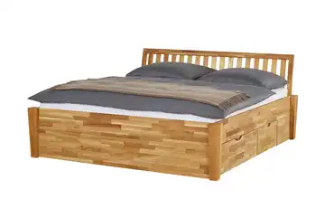 Timber Massivholz-Bettgestell mit Bettkasten Timber Wildeiche 160 cm 4 Bettschubkästen Kopfteil: Ziersprossen längs eckig