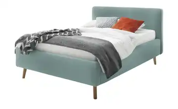 Polsterbett mit Bettkasten Eisblau Webstoff fein mit Bettkasten 140 cm Eiche