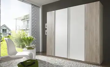 Dreh-/ Schwebetürenschrank ohne Spiegel-Schwebetüren Drehtüren in Eiche-Sägerau-Nachbildung Weiß 227 cm