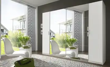 Dreh-/ Schwebetürenschrank Weiß 4-türiger Kleiderschrank mit zwei Schwebetüren mittig und je Außenseite eine Drehtür Weiß 272 cm