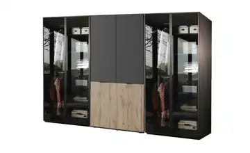 Drehtürenschrank 303 cm breit mit Beleuchtung Braun, Schwarz