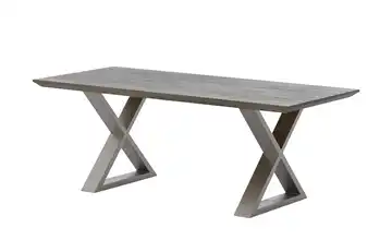 Woodford Massivholztisch Pantheon Eiche Grau Kufen (X-förmig) edelstahlfarben Schweizer Tischkante 210 cm