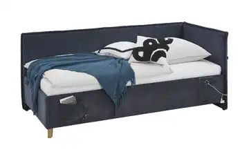 Polsterbett mit trendiger Kederumrahmung 90 cm Ohne Lattenrahmen & Bettkasten Dunkelblau Mit Rückenteil