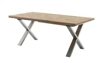 Woodford Esstisch Novis edelstahlfarben, gebürstet Kufen (X-förmig) Wildeiche Schweizer Tischkante 220 cm