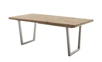 Woodford Esstisch Novis edelstahlfarben, gebürstet Kufen (trapezförmig) Wildeiche schräge Tischkante 220 cm