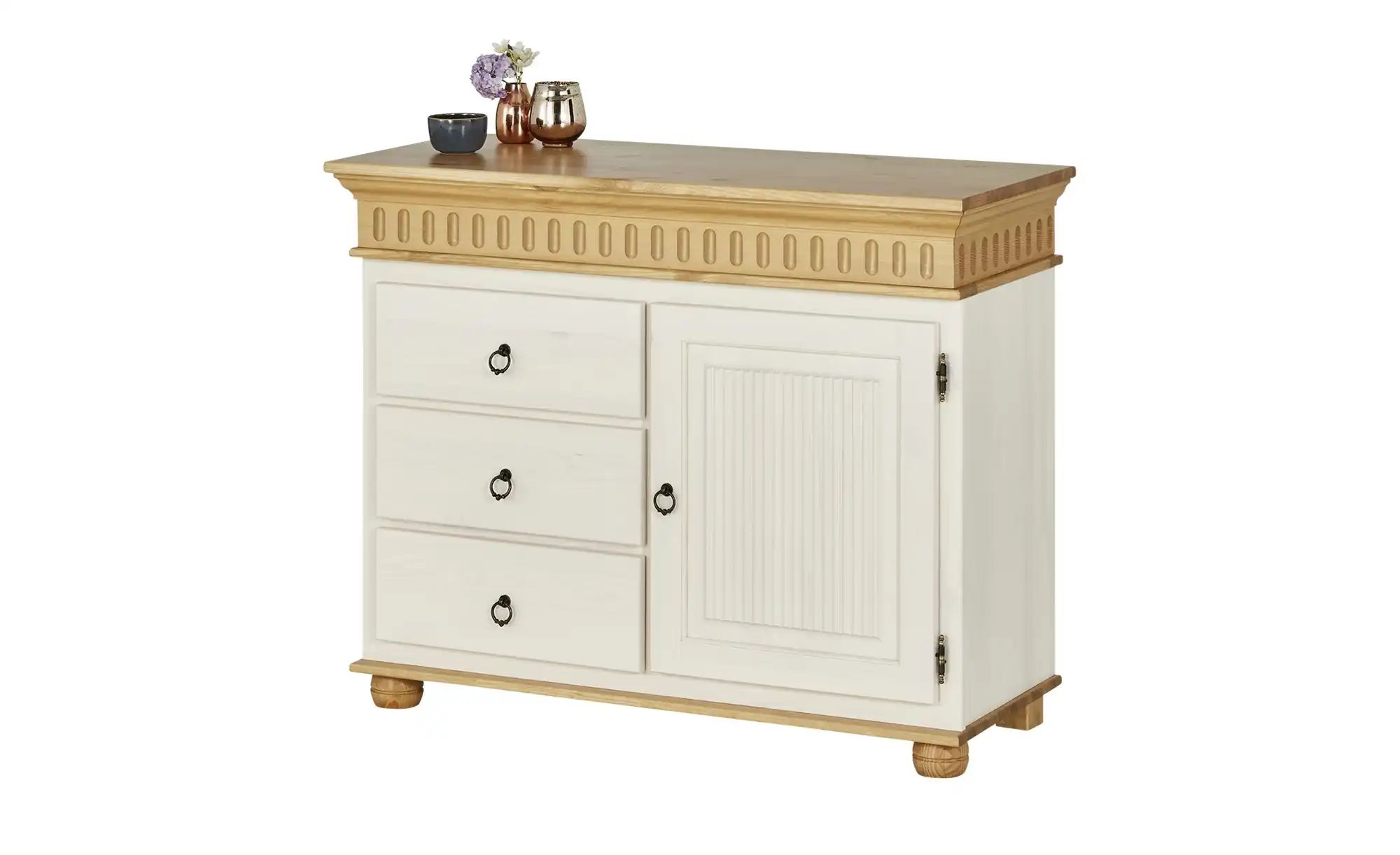 Kommode | Kiefer Weiß / Kiefer antikfarben, 3 Schübe / 1 Tür