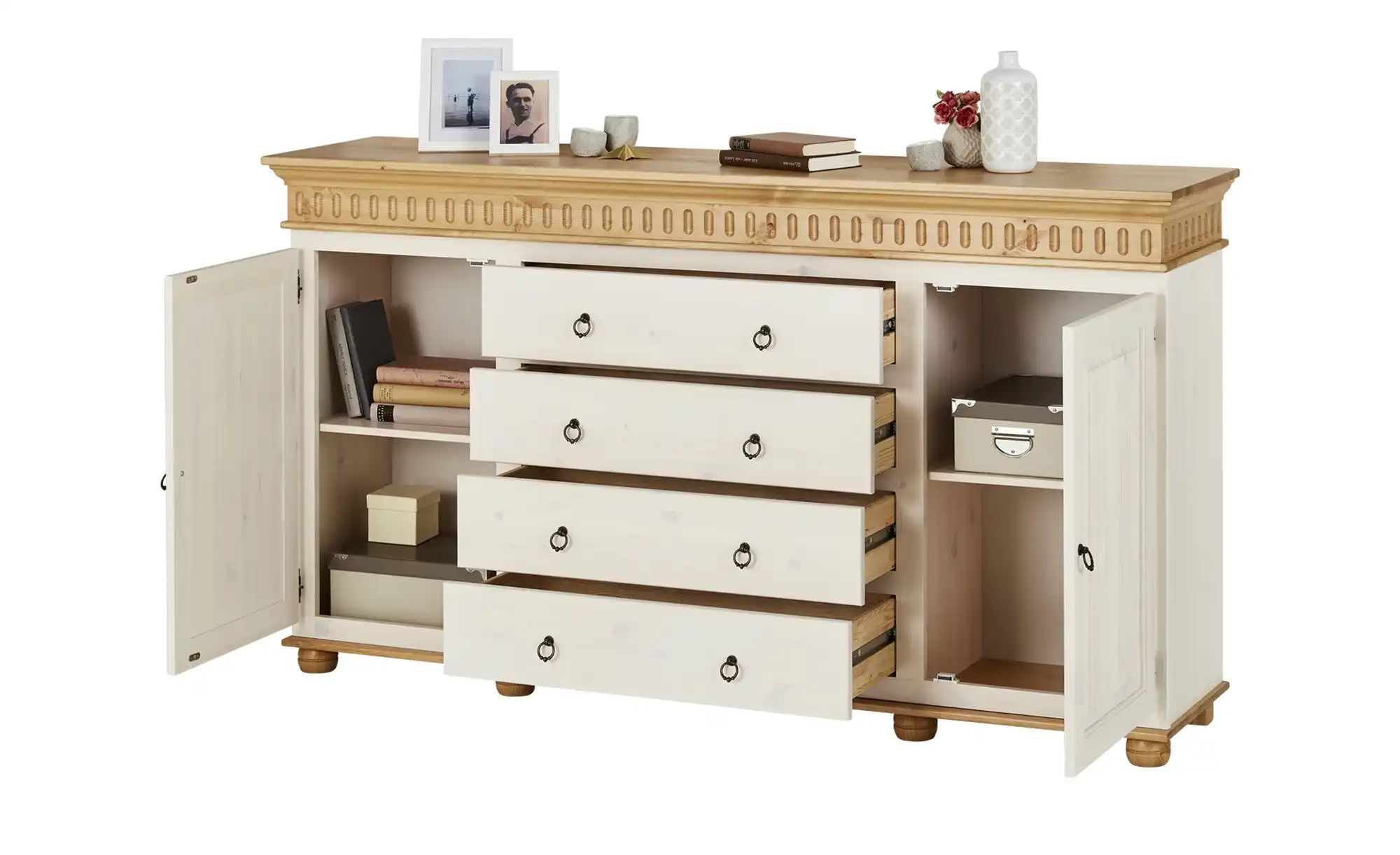 Kommode | Kiefer Weiß / Kiefer antikfarben, 2 Türen / 4 Schübe