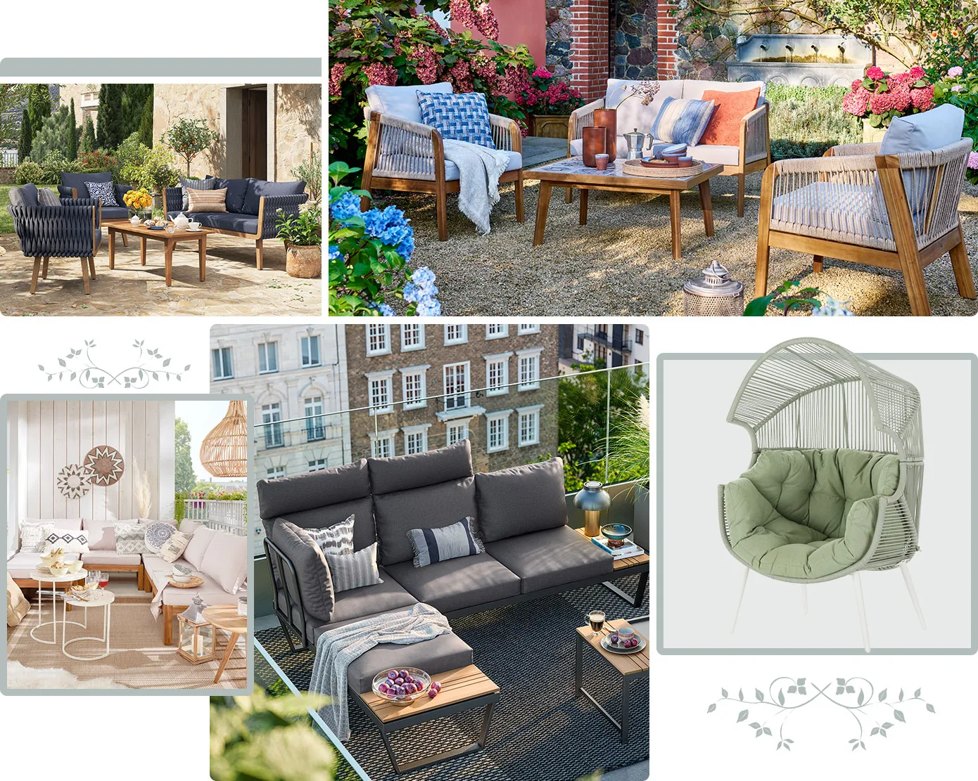 Collage aus 5 Bildern. Bild 1: Lounge-Gruppe mit Rope Bespannung in Dunkelgrau, Sofa, 2 Sessel und Tisch. Bild 2: Lounge-Set aus Holz und Rope mit weißen Sitzkissen, Sofa, 2 Sessel und Tisch. Bild 3: Balkon Lounge-Ecke aus Holz mit weißen Kissen, Beistelltische aus Metall und Holz, Deko im Boho-Stil. Bild 4: Flexibles Lounge-Set aus dunkelgrauem Metall mit grauen Sitzkissen, passender Tisch. Bild 5: Gartensessel aus hellgrünem Polyrattan rund um die Sitzfläche, grünes Sitzkissen, 