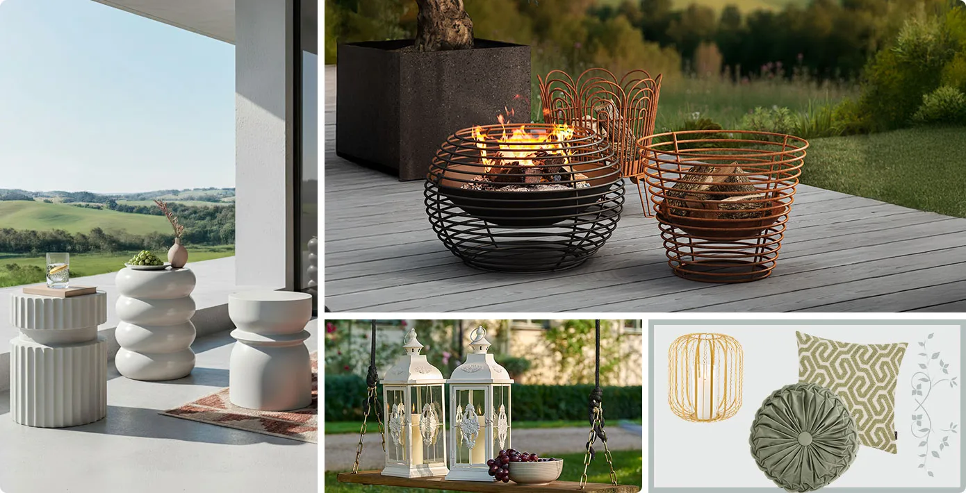 Collage aus 4 Bildern. Bild 1: 3 Keramik-Beistelltische auf Terrasse. Bild 2: 3 Feuerschalen in unterschiedlichem Designs auf Terrasse. Bild 3: 2 weiße Laternen auf Holzschaukel. Bild 4: Metall-Windlicht goldfarben, grünes und grün-weiß gemustertes Kissen.