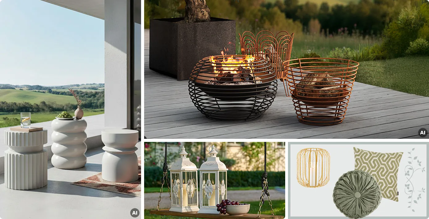 Collage aus 4 Bildern. Bild 1: 3 Keramik-Beistelltische auf Terrasse, AI. Bild 2: 3 Feuerschalen in unterschiedlichem Designs auf Terrasse, AI. Bild 3: 2 weiße Laternen auf Holzschaukel. Bild 4: Metall-Windlicht goldfarben, grünes und grün-weiß gemustertes Kissen.