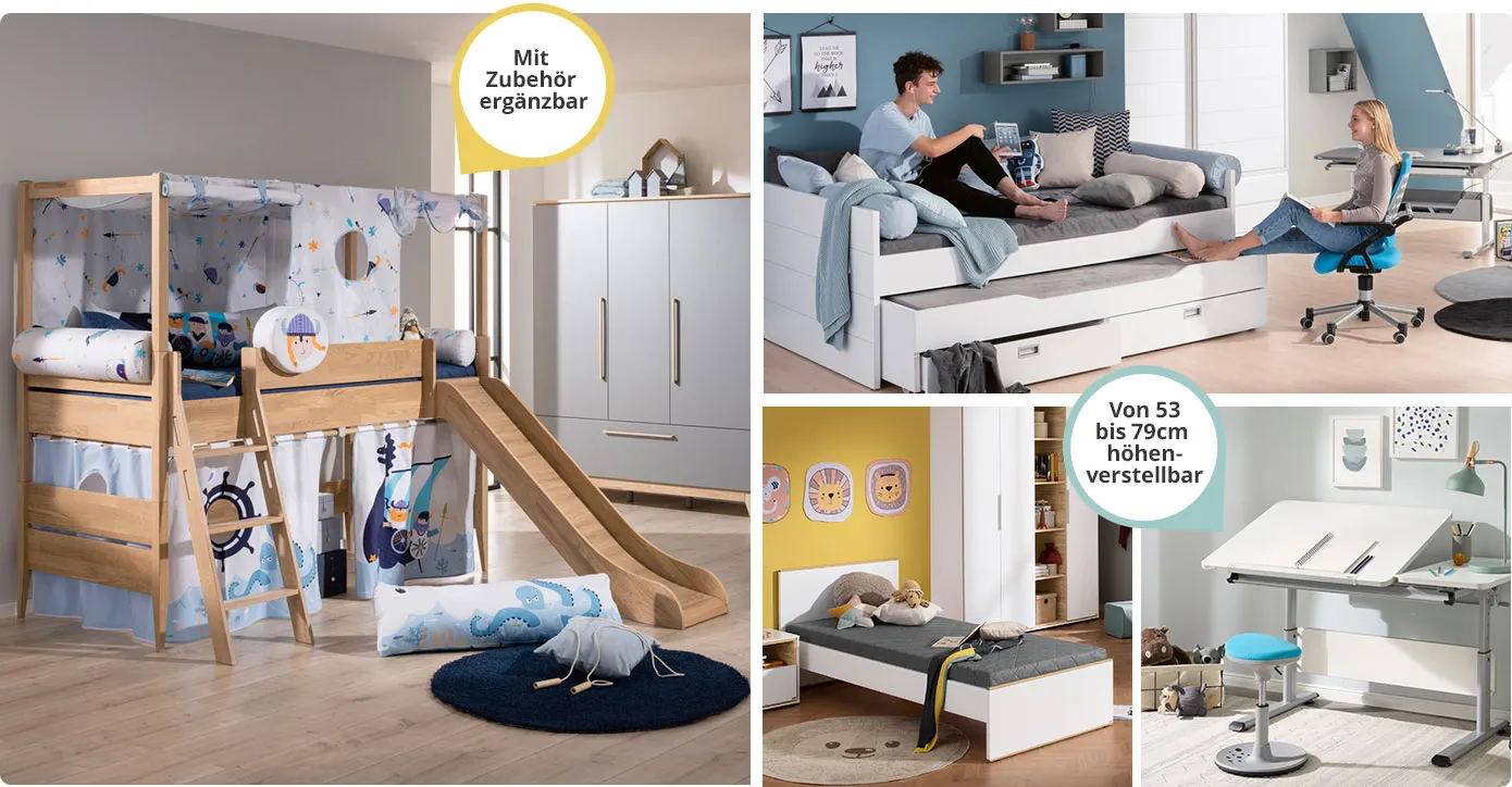 Collage. Bild 1: Kinderzimmer mit Spielbett aus Holz mit Textilzubehör in Wikingerdesign, Bett mit Hinweis: Mit Zubehör ergänzbar, grauer Schrank mit Holz. Bild 2. Jugendzimmer mit Junge und Mädchen, weißes Bett mit Unterbett und Unterkommoden, weißer Schreibtisch, blauer Drehstuhl. Bild 3: Kinderzimmer mit weißem Bett, Schrank und Nachttisch. Bild 4. Weiß-grauer Schülerschreibtisch mit geneigter Tischplatte, Hocker in Blau und Grau, Tisch Hinweis: Von 53 bis 79 cm höhenverstellbar
