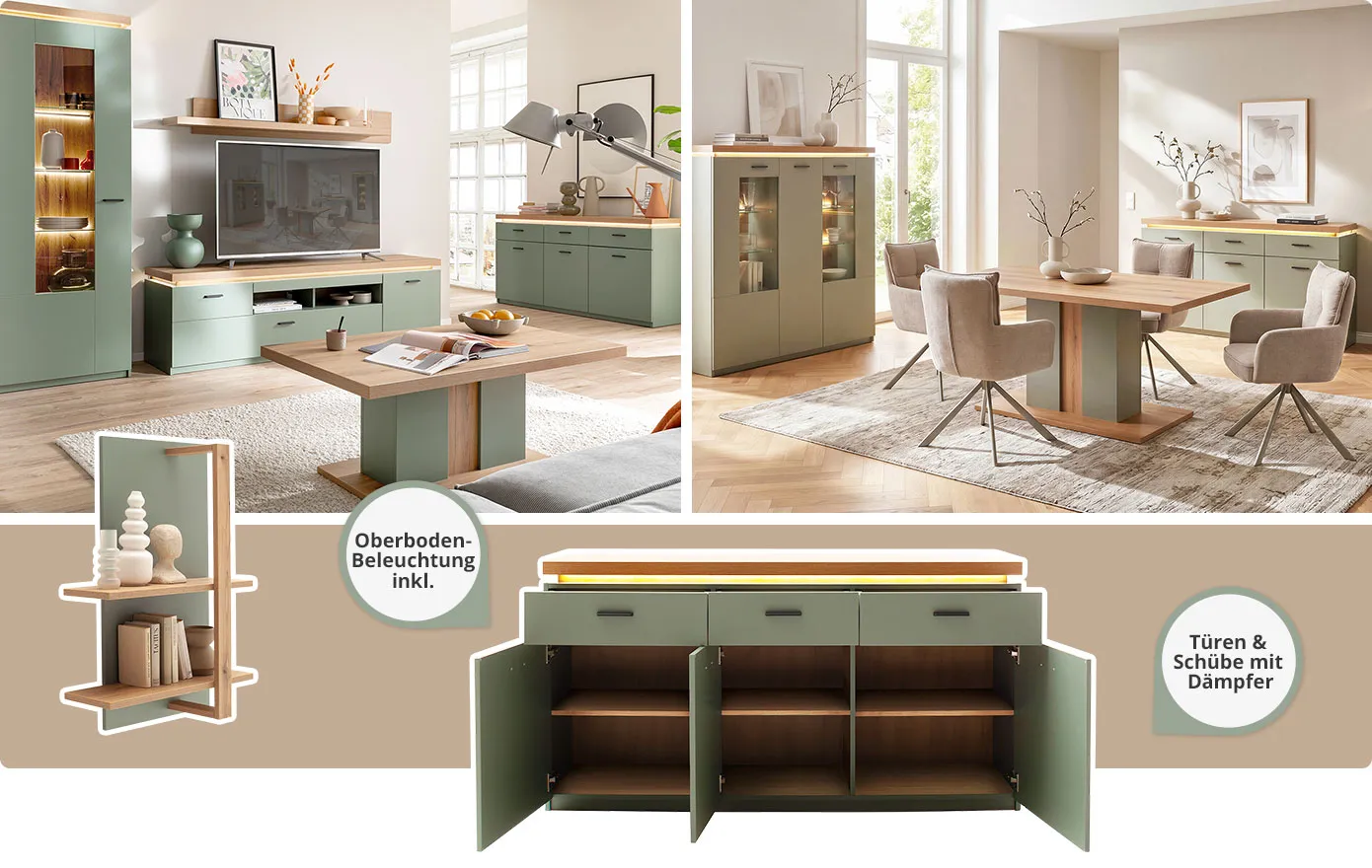 Collage. Bild 1: Wohnzimmer mit salbeigrünen & holzfarbigen Möbeln, bestehend aus Vitrine,  TV-Board, Wadnboard, Sideboard, Couchtisch und Deko. Bild 2: Esszimmer mit salbeigrünen & holzfarbigen Möbeln, bestehend aus Highboard, Esstisch, Polsterstühlen, Sideboard, Deko. Bild 3: Wandboard, Sideboard und Text: Oberboden Beleuchtung inklusive und Türen und Schübe mit Dämpfer. 