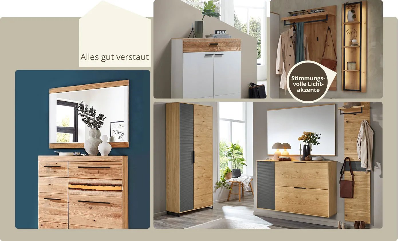 Text: Alles gut verstaut. Collage aus 3 Bildern. Bild 1: Schuhkommode und Spiegel aus Holz. Bild 2: weiße Kommode mit Holzakzenten. Bild 3: Garderobenpaneel und Regal mit Beleuchtung und Hinweis Stimmungsvolle Lichtakzente. Bild 3: Flurmöbel aus Holz und grauem Glas. 