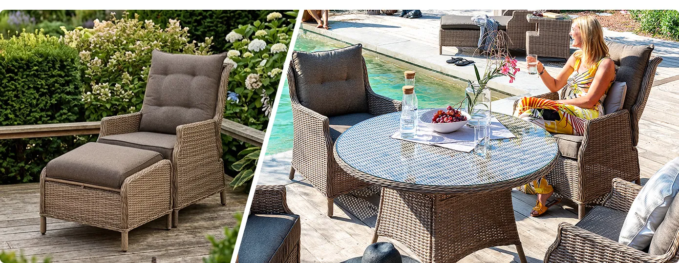 Collage aus 2 Bildern. Bild 1: Gartenliege und passender Tisch aus braunem Polyrattan, Liege mit Auflage. Bild 2: Polyrattan-Gartentisch und -sessel in Braun mit Auflagen, Frau, auf einer Terrasse am Pool