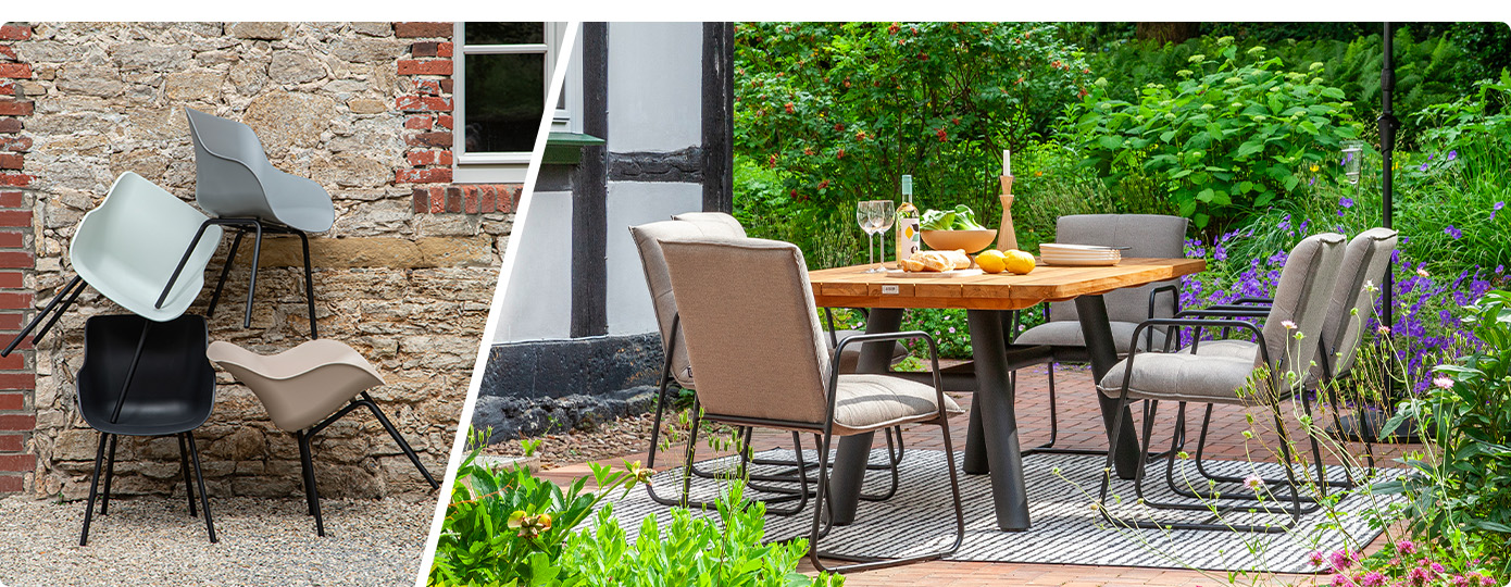 Collage: 4 Stühle mit Sitzschale in Weiß, Schwarz, Beige und Taupe vor Steinhauswand auf Kiesboden, Tischgruppe vor Fachwerkhaus im Garten, Tisch mit Tischplatte in Farbe Natural, Gestell schwarz, Stuhl Sitzkissen Farbe Beige, Gestell schwarz