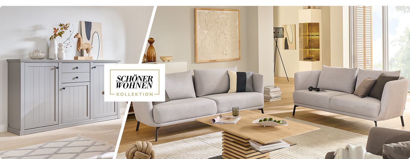 Collage, 1 Wohnzimmer mit 2 Einzelsofas in Hellgrau, 1 Couchtisch in Massivholz Eiche und Glasboden, Vitrine in Weiß und Glas, 1 Wohnraum mit Highboard in Steingrau. Logo Schöner Wohnen Kollektion.