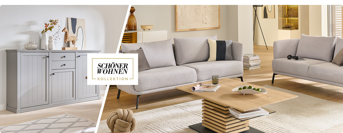 Collage, 1 Wohnzimmer mit 2 Einzelsofas in Hellgrau, 1 Couchtisch in Massivholz Eiche und Glasboden, Vitrine in Weiß und Glas, 1 Wohnraum mit Highboard in Steingrau. Logo Schöner Wohnen Kollektion.