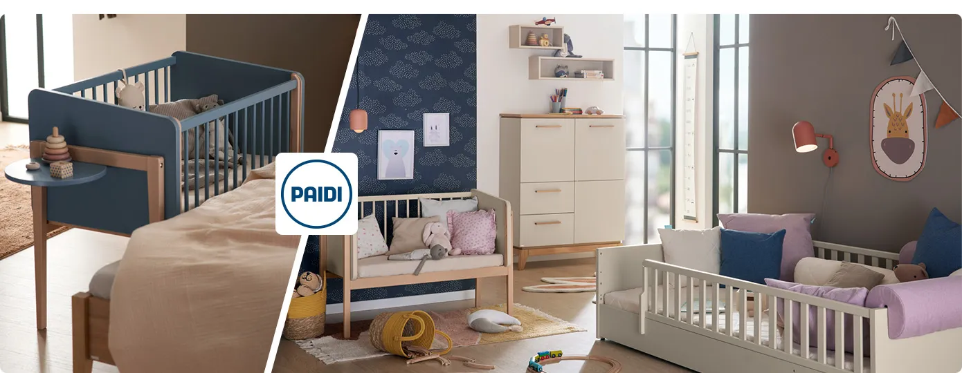 Paidi. Collage: Blaues Beistellbett neben Elternebett in Schlafzimmer. Kinderzimmer mit Kindermöbeln in Creme und Holzoptik, Deko und Spielzeug. 