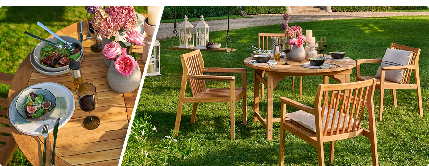 Collage aus 2 Bildern, Bild 1: Gedeckter, runder Holztisch auf Wiese. Bild 2: Garten-Sitzgruppe aus Holz mit rundem Tisch und 4 Stühlen auf Wiese im Sonnenlicht.
