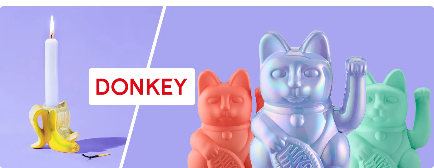 DONKEY. Kerzenhalter im Bananendesign, 3 Winkekatzen in Orange, schillerndem Hellblau und Mintrgrün