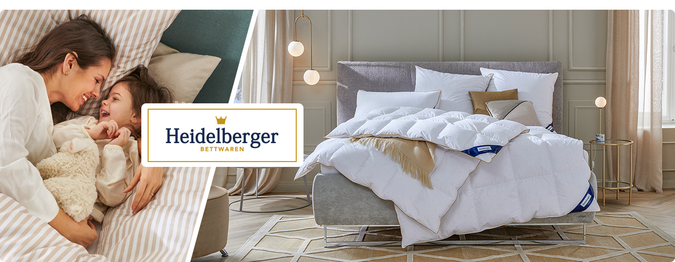 Heidelberger Bettwaren. Collage aus 2 Bildern. Bild 1: Mutter und Kind liegen im Bett und lachen sich an. Bild 2: Weiße Kopfkissen und Bettdecken von Heidelberger Bettwaren auf einem grauen Polsterbett.