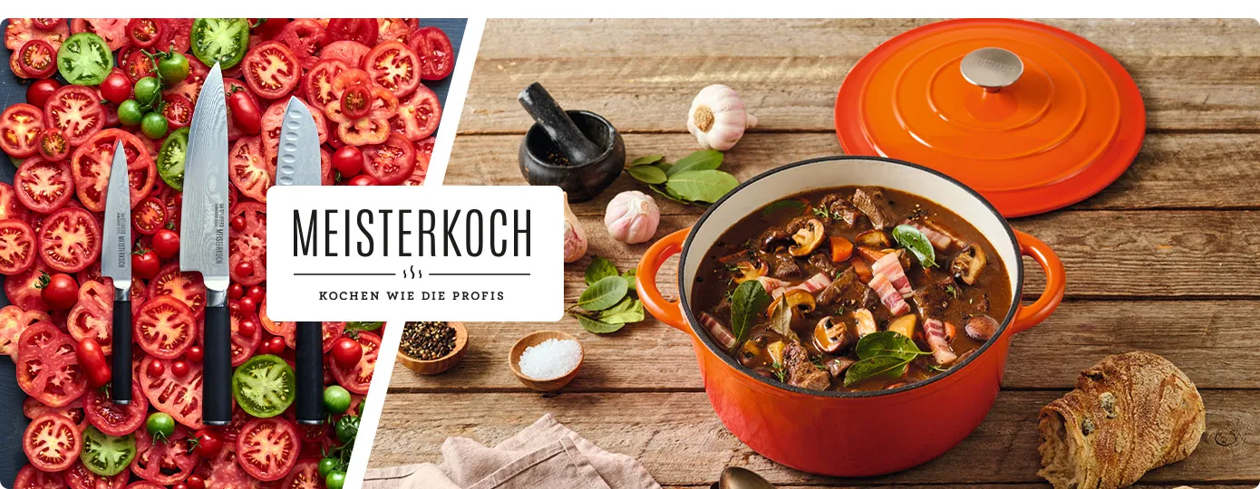 Meisterkoch. Kochen wie die Profis. Collage. Bild 1: 3 Messer unterschiedlich groß liegen auf aufgeschnittenen Tomaten. Bild 2: mit Essen gefüllter oranger Topf mit daneben liegendem Deckel, Holztisch und Lebensmittel
