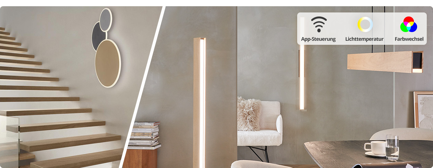 Collage: Bild 1 Treppe mit Wandleuchte, Bild 2 Esszimmer mit Pendelleuchte, Wandleuchte und Stehleuchte. Hinweise: App-Steuerung, Lichttemperatur, Farbwechsel