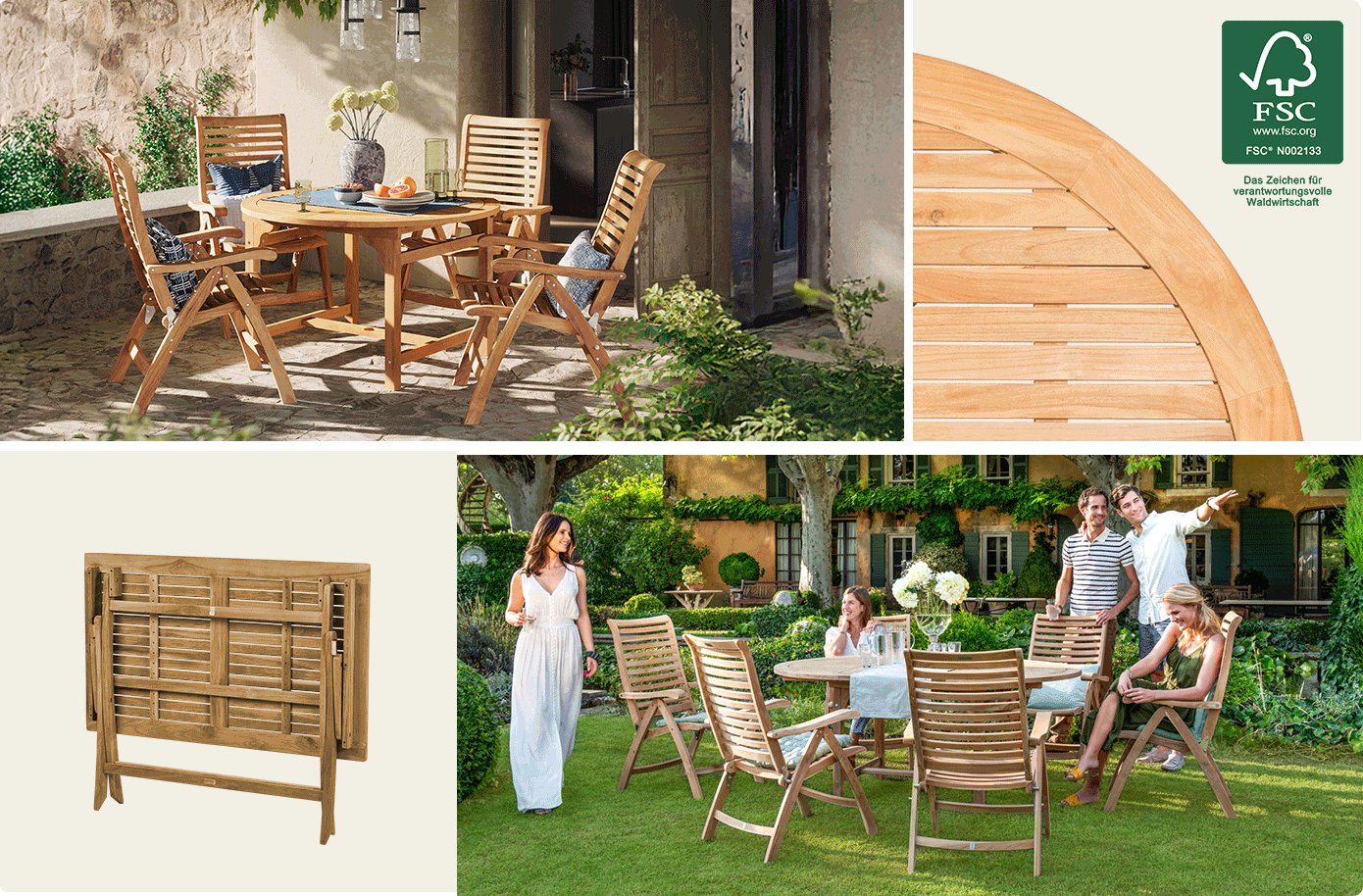 Collage aus 4 Bildern, Bild 1: Garten-Sitzgruppe aus Holz mit Tisch und 4 Sesseln  auf Terrasse. Bild 2: Detailbild von Holz und FSC-Siegel (FSC, www.fsc.org, FSC N002133. Das Zeichen für verantwortungsvolle Waldwirtschaft). Bild 3: Animation von Klapptisch aus Holz, zusammengeklappt und aufgestellt. Bild 4: Garten-Sitzgruppe aus Holz mit Tisch und 6 Klappsesseln im Garten