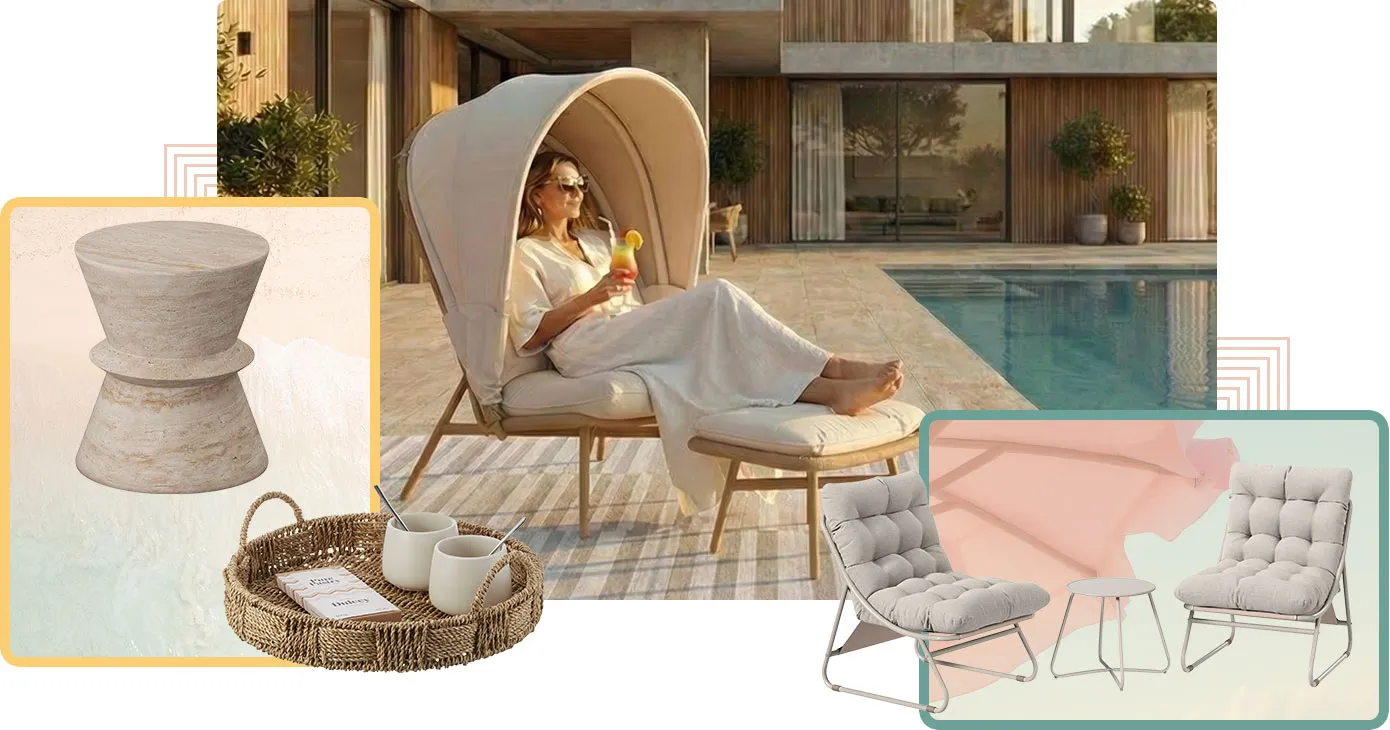 Collage mit Lounge-Sessel mit Sonnendach und passendem Hocker auf Terrasse. Hellgraue Balkongruppe mit 2 Sesseln und Beistelltisch. Korbtablett und Beistelltisch. Strand, Meer, Sonnenschirm und Himmel als Hintergrund. 