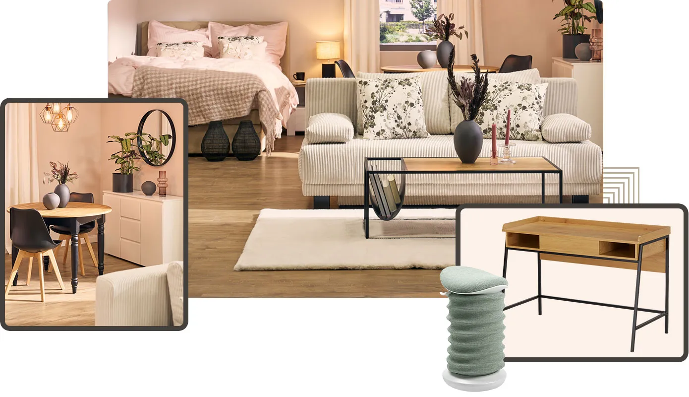 Collage. Bild 1: Beiger 2-Sitzer mit geblümten Dekokissen, Holz-Couchtisch mit schwarzem Gestell, weißer Teppich, beiges Bett mit rosa Bettwäsche und Plaid, Deko. Bild 2: Runder Holztisch mit schwarzem Gestell, schwarze Stühle mit Holzbeinen, weiße Kommode, Deko. Bild 3: Grüner Hocker, Holz-Schreibtisch mit schwarzem Metall.