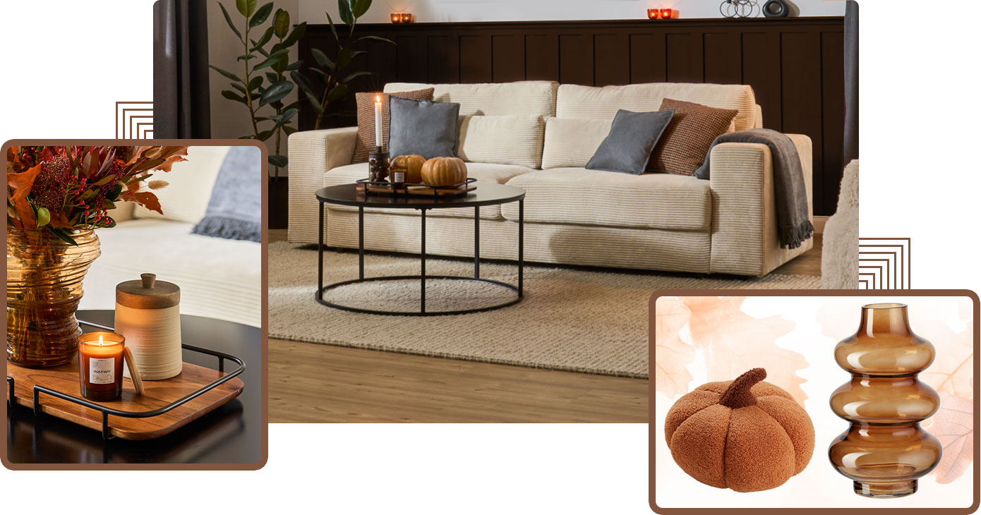 Collage aus 3 Bildern. Bild 1: Holztablett mit brenndender Kerze im Glas von Ava & May und beiger Vorratsdose mit Holzdeckel sowie brauner Glasvase mit Trockenblumen, auf einem schwarzen Couchtisch. Bild 2: cremefarbiges Cordsofa mit diversen Kissen und Decke, schwarzer Couchtisch mit Deko in einem Wohnzimmer. Bild 3: brauner Stoffkürbis und braune Glasvase