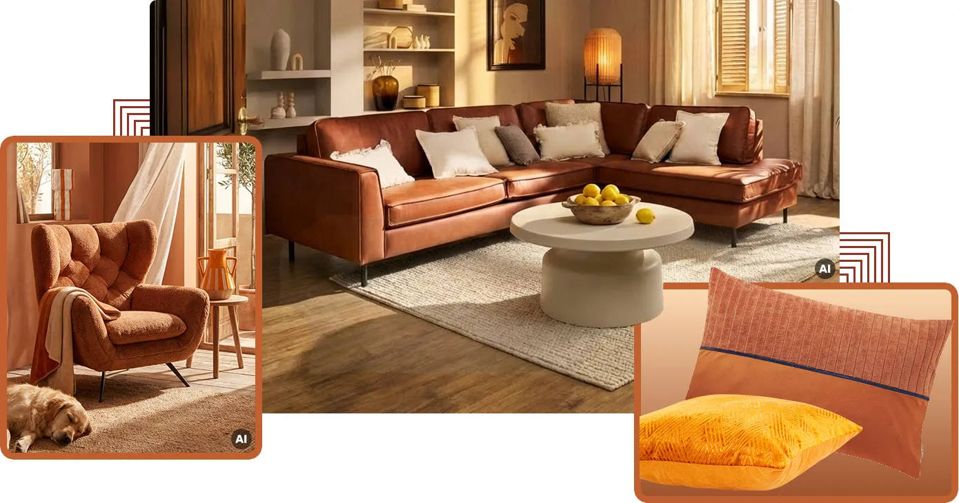 Collage aus 3 Bildern. Bild 1: Sessel in Farbe Terrakotta mit Kuscheldecke, Beistelltisch, 2 Vasen in Weiß & Orange, AI. Bild 2: Wohnzimmer mit braunem Ledersofa & beigen Kissen, runder beiger Couchtisch, AI. Bild 3: 2 Kissen in Orange