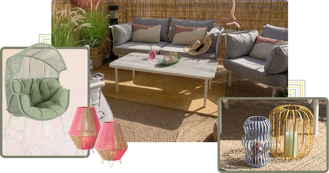 Collage: Bild 1: Hellgraue Balkongruppe mit Sofa, Sessel und rechteckigem Tisch, Sichtschutz aus Bambus, beiger Teppich. Bild 2: mintgüner Rope-Sessel mit grünen Kissen und zwei pink- beige Windlichter. Bild 3: gelbes und blaues Metall-Windlicht auf beigem Teppich.