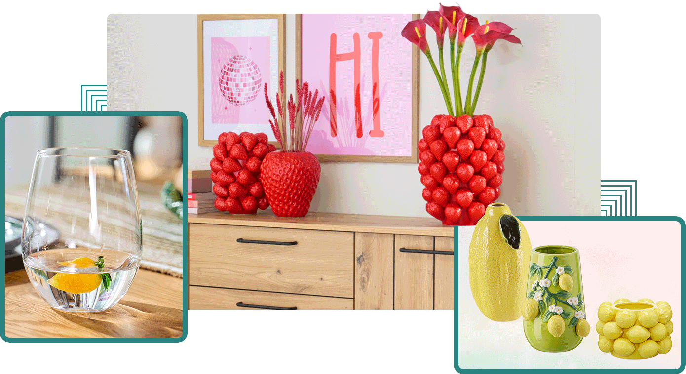 Collage: Bild 1 Wohnsituation Sideboard in Holzoptik dekoriert mit drei roten Erdbeervasen, Bild 2 Esstischsituation Borosilikatglas mit 3D-Figur am Boden Erdberre oder Zitrone, Bild 3 Vase Zitrone, Vase Zitrone, Übertopf Zitrone