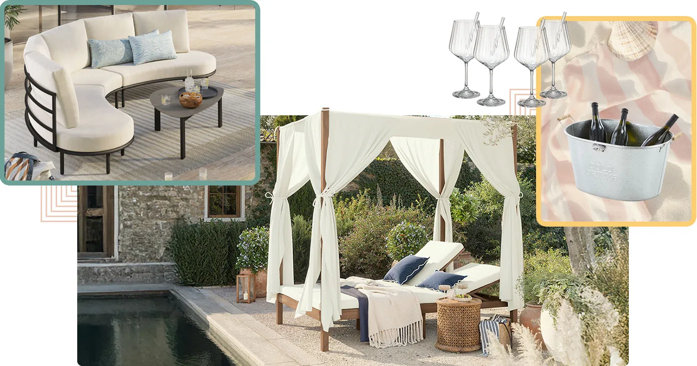Collage mit halbrundem Lounge-Sofa mit schwarzem Gestell und weißen Polstern. Daybed mit verstellbaren Kopfstützen auf Terrasse. Gin & Tonic Gläser-Set, Sektkühler in Wannenform. Wellen und Muscheln als Dekoration.