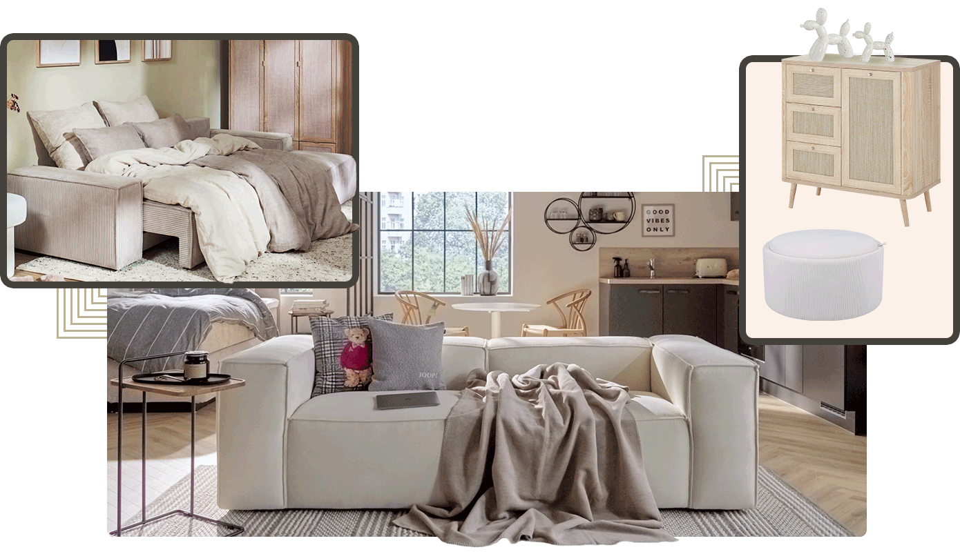 Collage. Bild 1: Beiges Ecksofa mit ausgeklappter Liegefläche, beige Bettwäsche, Holzschrank, Deko. Bild 2: Weißes Sofa mit beiger Decke und Zierkissen, Beistelltisch, gestreifter Teppich, weitere Möbel und Küche in Einraumwohnung. Bild 3: Hocker mit Stauraum und Holzbrett, Holz-Kommode.
