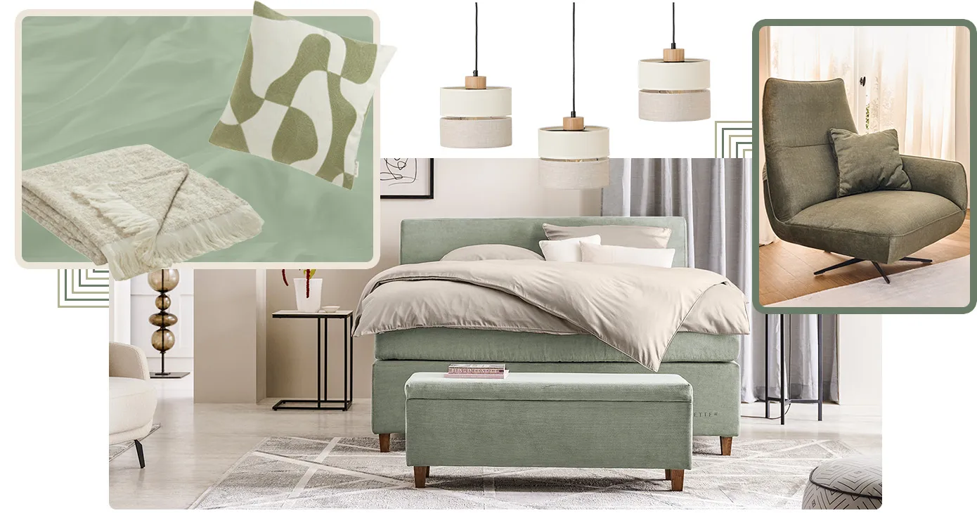 Collage aus 3 Bildern. Bild 1: Beige Decke und ein beige-grünes Kissen mit organischem Muster. Bild 2: Schlafzimmer mit Polsterbett in Grün mit beiger Bettwäsche. Davor eine Sitzbank im selben Farbton. Bild 3: Drehsessel aus Flachgewebe in Dunkelgrün.