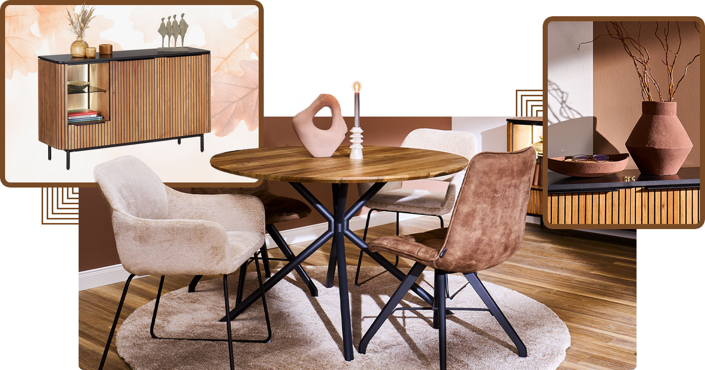 Collage aus 3 Bildern. Bild 1: Sideboard aus Holz mit schwarzen Akzenten und Beleuchtung sowie Deko. Bild 2: runder Holzesstisch mit schwarzem Gestell und weißen und braunen Polsterstühlen, runder Teppich. Bild 3: braune Schale und braune Vase mit Zweigen auf Holz-Sideboard