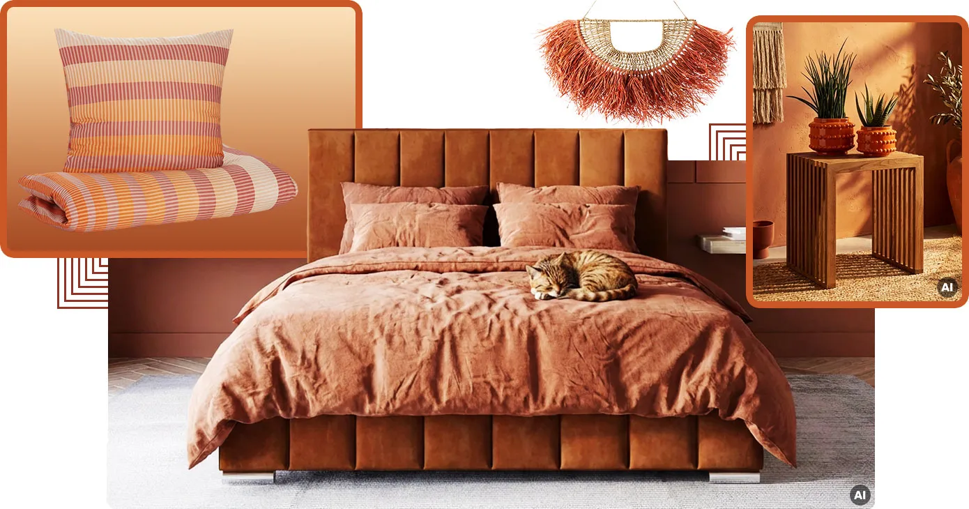 Collage aus 3 Bildern. Bild 1: Bettwäsche mit Streifenmuster in Orange-Nuancen. Bild 2: Schlafzimmer mit Polsterbett in Farbe Terrakotta mit orangener Bettwäsche, Dekofächer aus Rattan, AI. Bild 3: Beistelltisch aus Holz mit Lamellenoptik, 2 Blumentöpfe in Orange, AI.