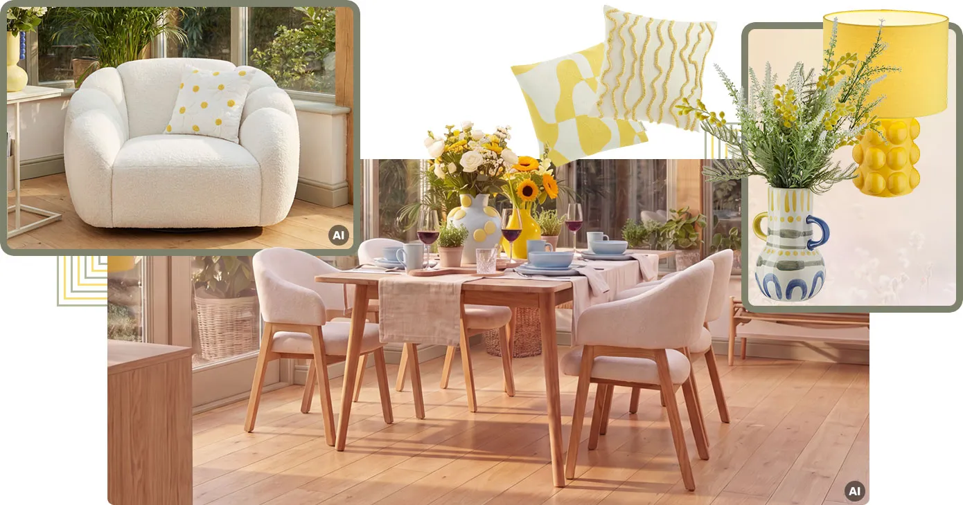 Collage. Bild 1, AI-generiert: Weißer, runder Sessel, weißer Beistelltisch, weißes Dekokissen mit Gänseblümchen und gelben Punkten, gelbe Vase mit Blumen. Bild 2, AI-generiert: Großer Wintergarten mit Esstisch aus hellem Holz und weißen Stühlen mit Holzfüßen, hellblaues Geschirr, große Blumensträuße mit gelben und hellblauen Vasen. Bild 3: 2 weiße Kissen mit gelbem Muster, gelbe Tischleuchte und weiß, gelb, grün, blau gemusterte Blumenvase mit Henkeln. 